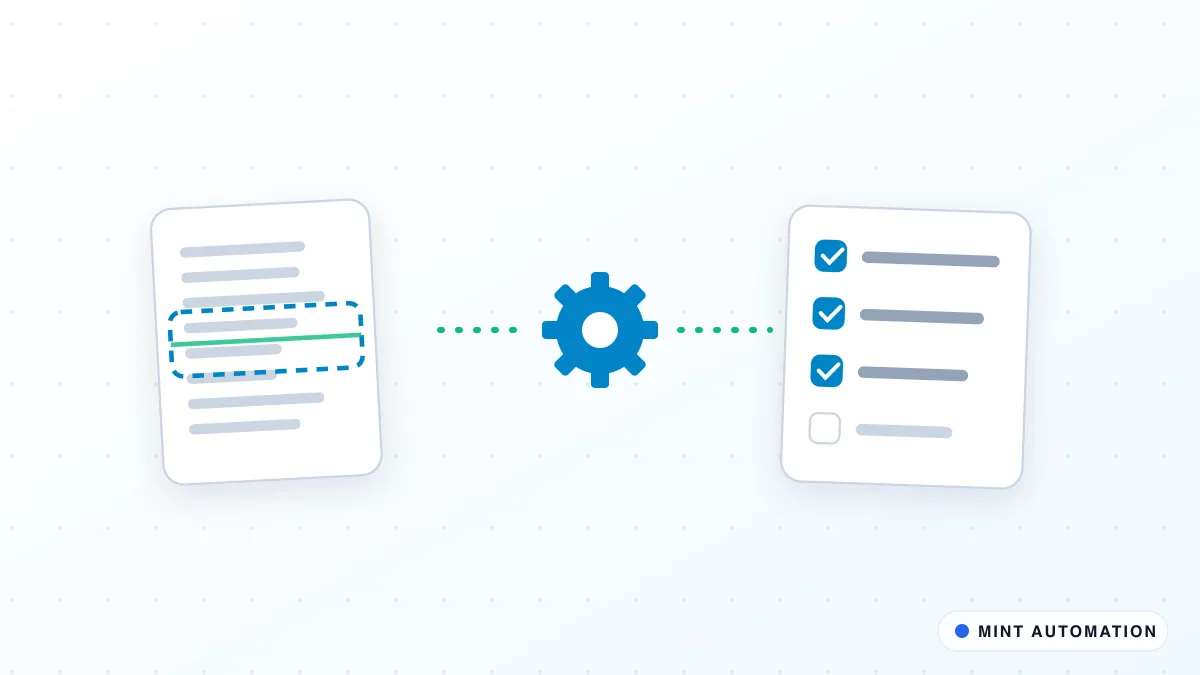 Illustration of a scanned document passing through an automation gear into a checklist, with MINT Automation branding.