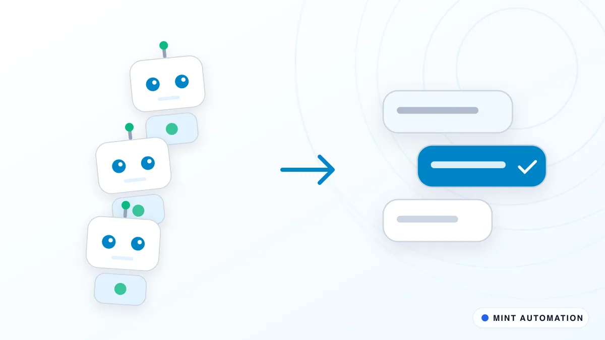 Illustration contrasting scattered AI assistants with chat messages neatly organised, with MINT Automation branding.