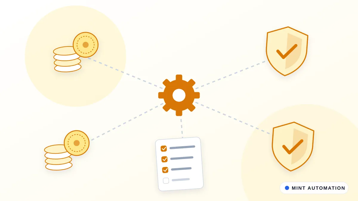 Illustration of an automation hub connected to a stack of coins and a security shield, with MINT Automation branding.